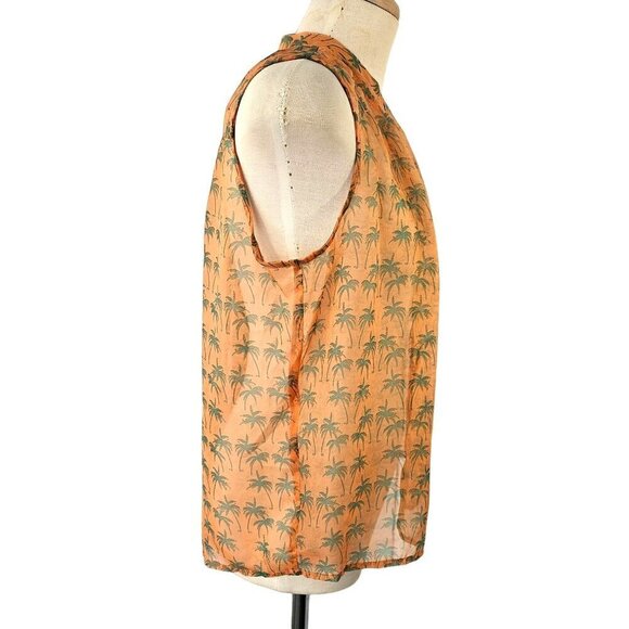 Bar III Sheer Peach Sleeveless Top Women M Btn Loop Close Green Palm Trees NEW - Picture 7 of 9